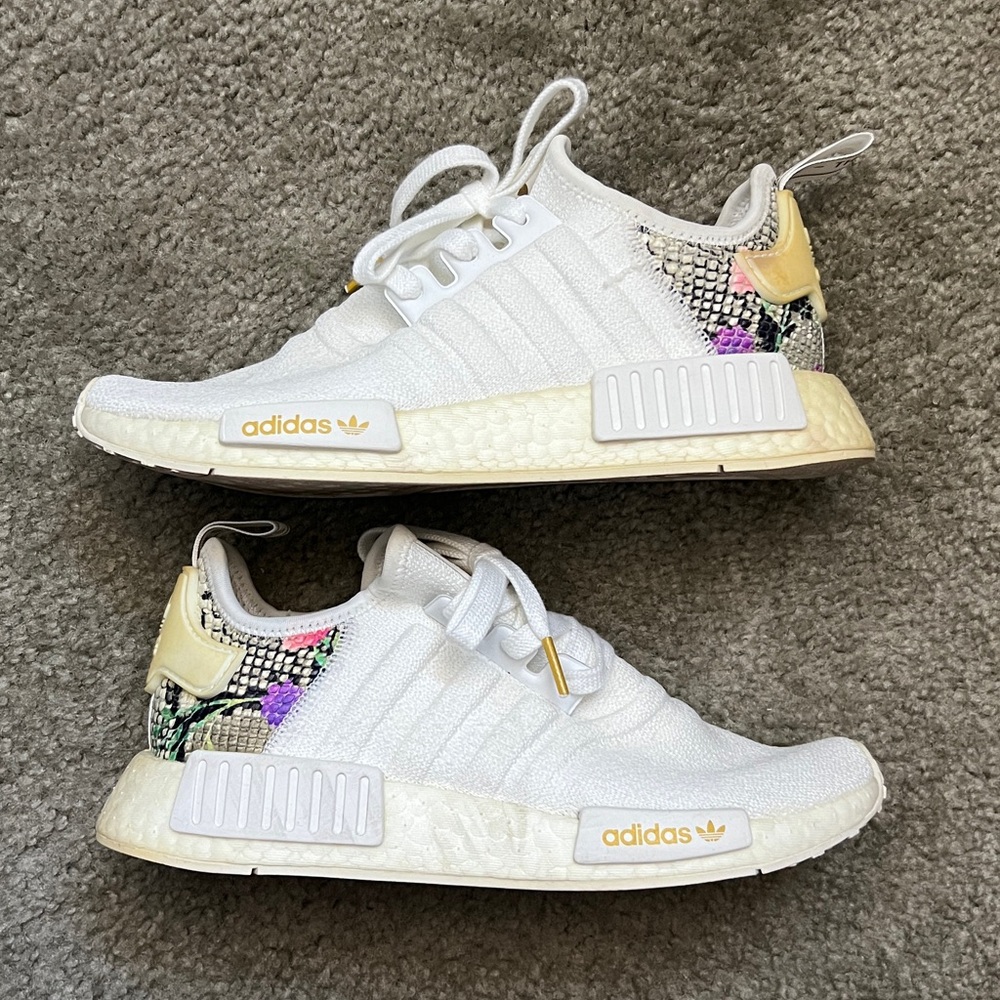 Adidas White and Gold NMD Sneakers with Floral Snake Print Accent Size 7